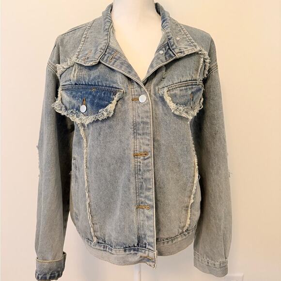 POL Blue Silver Jean Jacket with Distressed Details and bling - Picture 1 of 3